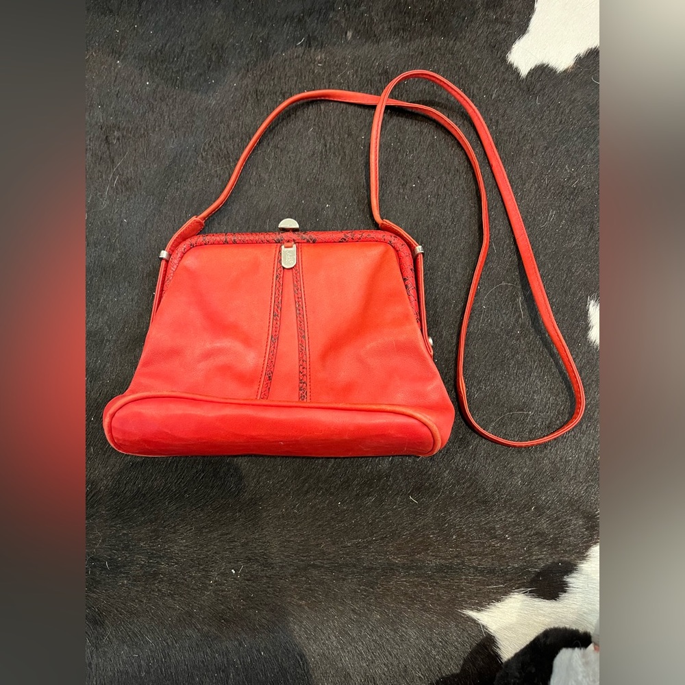 VINTAGE Italian Red Leather Shoulder Strap Purse with Snakeskin Leather Details